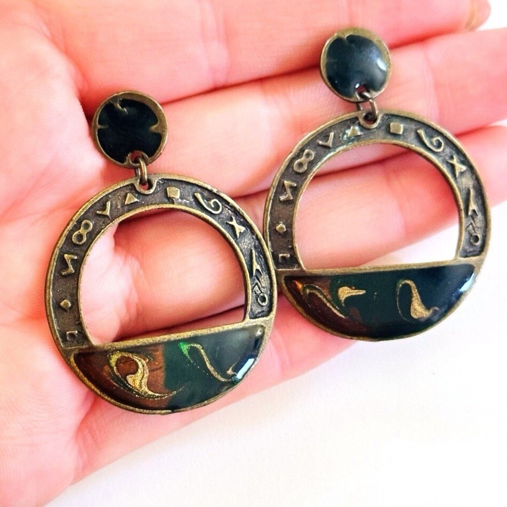 Chunky Earrings VTG Metal Pierced Statement Dangle Enamel Hoop 80s Mod Bronze